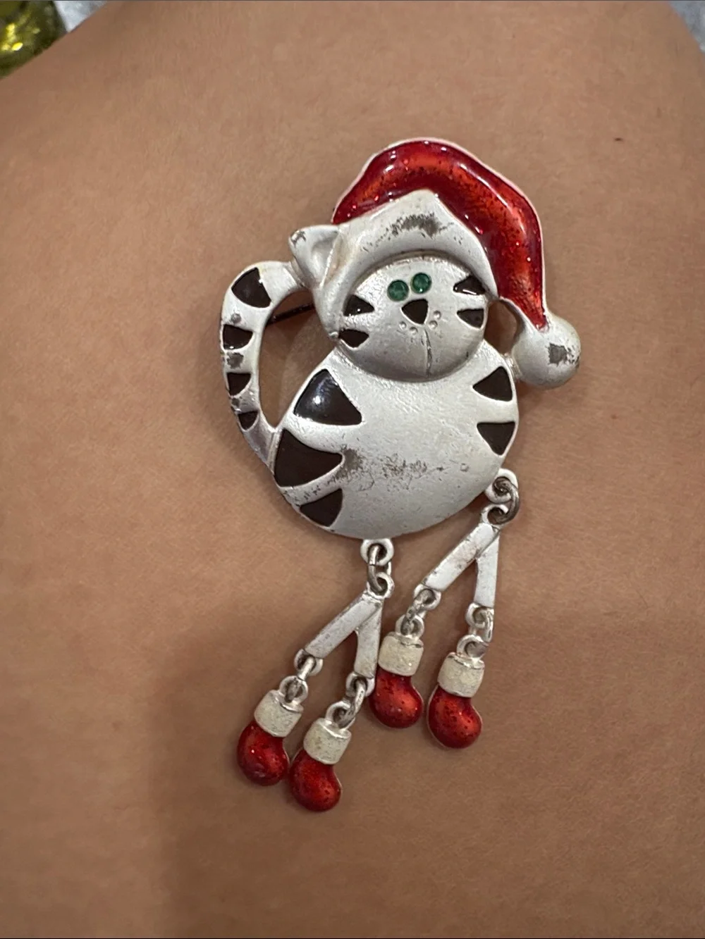 Vintage Avon Silver Cat Holiday Charm Brooch in Red and White